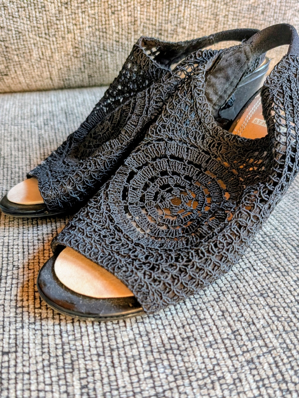 Women's Black Crochet Peep-Toe Slingback Heels